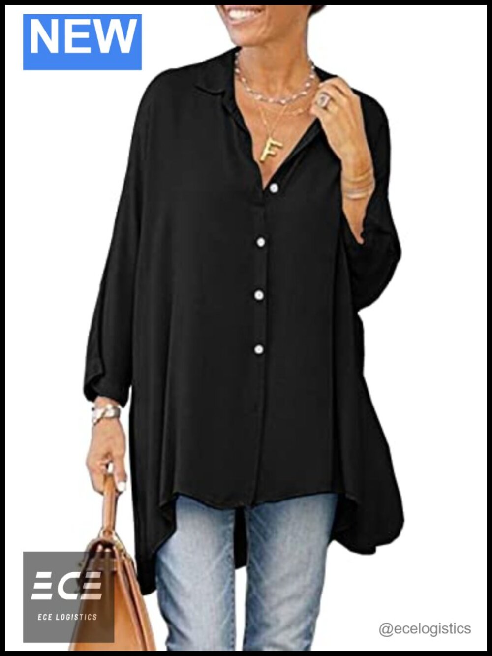 Oversized Button Down Long Sleeve High Low Tunic Blouse Loose Fit Top